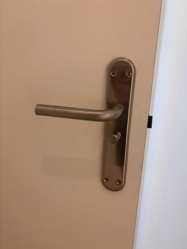 Maneta de puerta con placa larga en níquel satinado