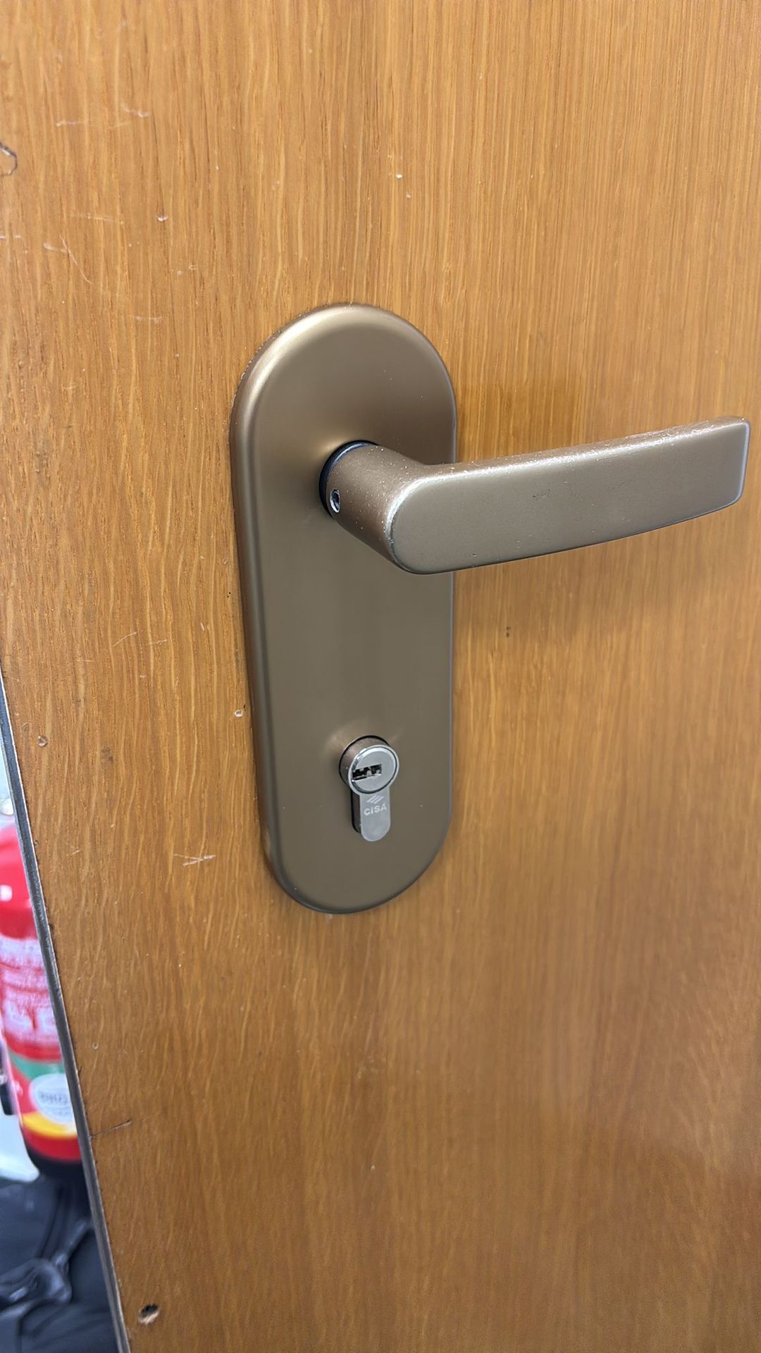 Maneta y bombín de seguridad CISA en acabado champán mate instalados en puerta de madera clara