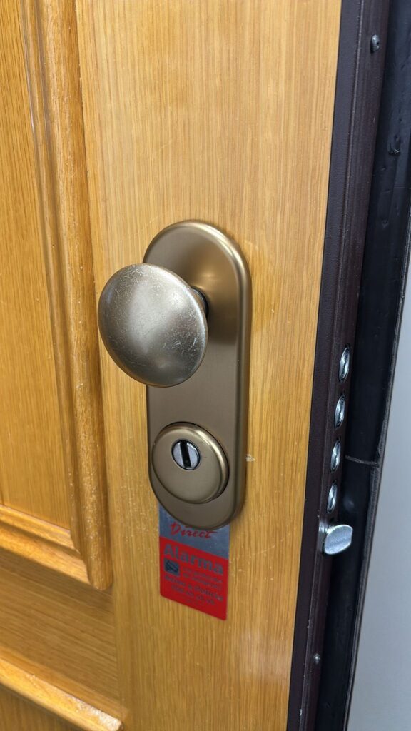 Pomo y bombín de seguridad en acabado bronce satinado sobre puerta acorazada de madera con puntos de anclaje multipunto visibles